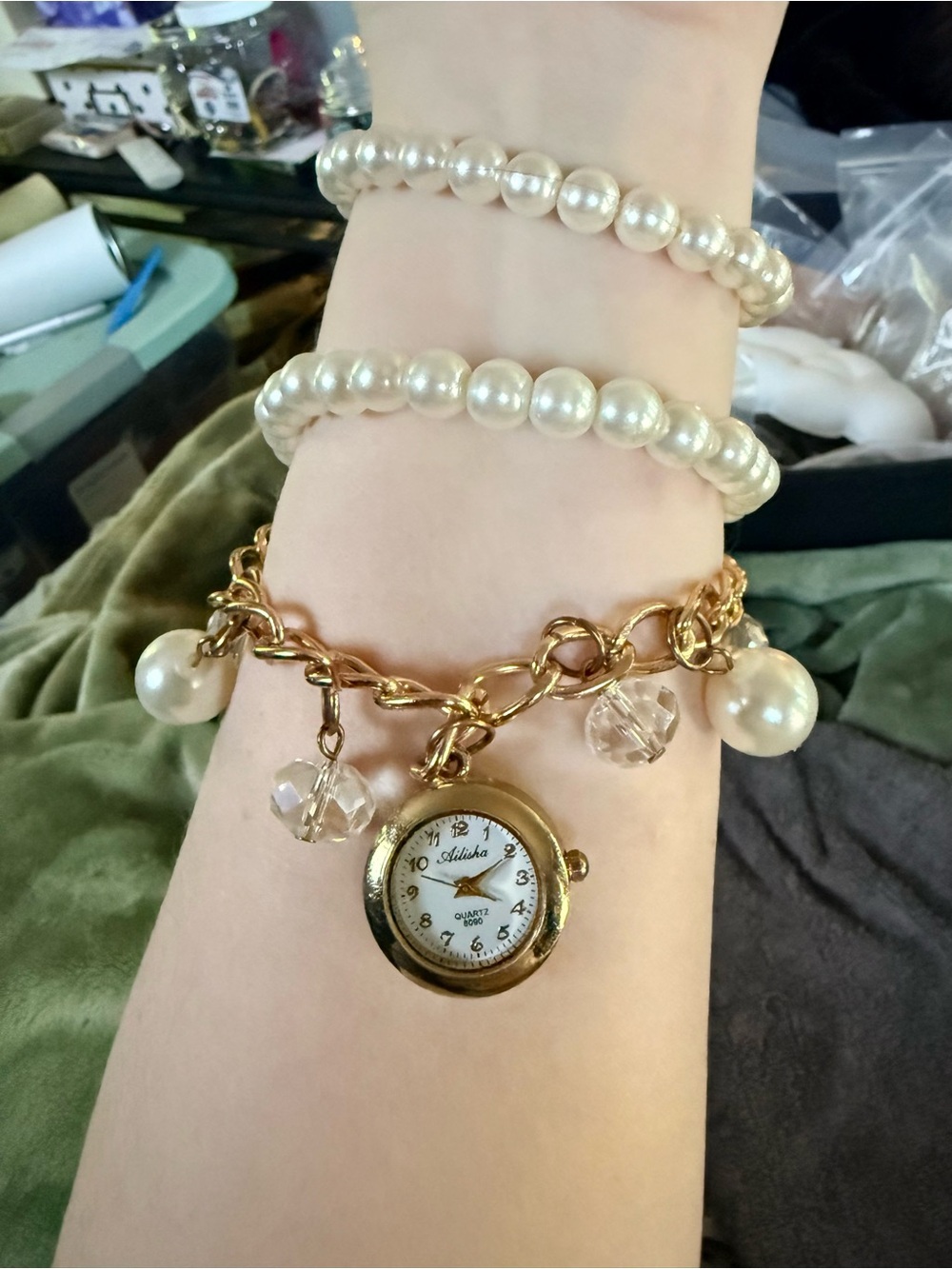Coquette Pearl Charm Bracelet Watch | Gold Tone Crystal Dangle | New Battery
